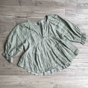 Meo Meli 100% Linen Blouse Peasant Style Elastic Ruffle Sleeve Sage Green SZ S